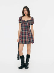 Cotton Sweetheart Neck Puff Sleeve Plaid A-line Mini Dress