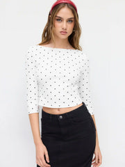 Cotton-blend Polka Dot Boat Neck Middle Sleeve Crop Tee