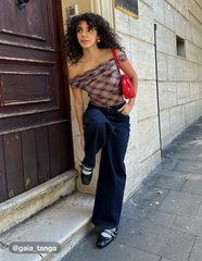 Off-shoulder Tartan Ruched Crop Top