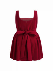 Velvet Square Neck Bowknot Tie Back Ruffle Mini Dress Curve & Plus