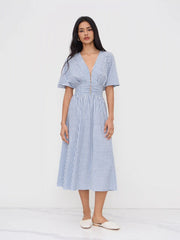 Cotton-blend V-neck Striped Ruched Button Maxi Dress