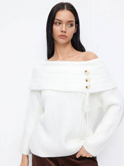 Knit Off-shoulder Asymmetrical Bowknot Long Sleeve Oversized Top