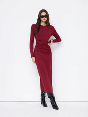 Round Neckline Ruched Long Sleeve Maxi Bobycon Dress