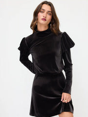 Velvet Stand Collar Ruched Ruffle Hem Mini Dress