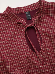 Cotton-blend Mandarin Collar Tartan Cut Out Bowknot Puff Sleeve Mini Dress Curve & Plus