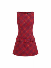 Cotton-blend Round Neckline Tartan Mini Dress With Belt