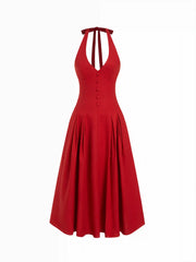 Linen-blend Sculptural High Rise V-neck Halter Neckline Flared Maxi Dress