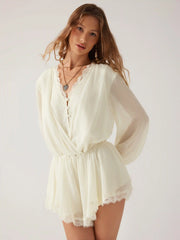 Chiffon V-neck Puff Sleeve Ruched Lace Trim Romper