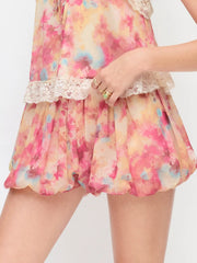 Chiffon Mid Rise Abstract Graphic Bubble Hem Shorts