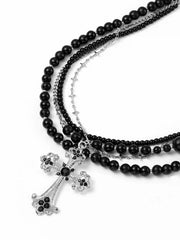 RHINESTONE DECOR CROSS & BEADED LAYERED NECKLACE