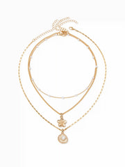 FLORAL & SHELL & FAUX PEARL LAYERED NECKLACE