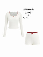 Square Neck Bowknot Contrasting Binding Top With Removable Padding & Mid Rise Shorts Loungewear Set