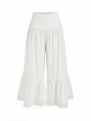 Cotton-blend Mid Rise Lace Trim Ruffle Wide Leg Trousers