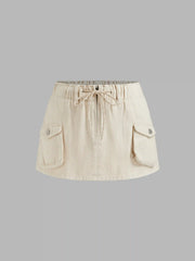 Denim Low Rise Drawstring Cargo Mini Skirt