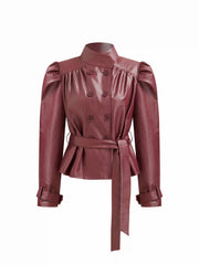 Faux Leather Funnel Neck Long Sleeve Double Breasted Shacket With Belt