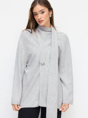 Knit Wool-blend Long Sleeve Metal Button Oversized Cardigan With Scarf