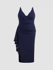 V-neck Asymmetrical Ruffle Hem Maxi Dress Curve & Plus
