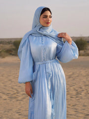 Stand Collar Lantern Sleeve Ruffled Belted Flared Maxi Dress