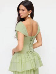 Chiffon Square Neck Draped Tiered Maxi Dress