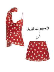 Cowl Neck Ruched Polka Dot Cami Top With Scarf & Mid Rise Mini Skort Set