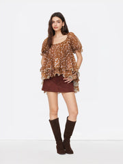 Chiffon U-neckline Deer Print Tie Back Ruffle Puff Sleeve Blouse