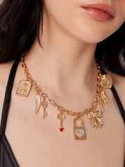 LOCK & KEY & HEART & BOW & FEATHER CHAIN NECKLACE