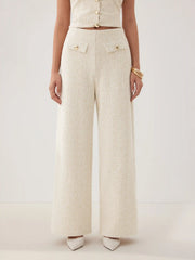 Cotton-blend Textured Mid Rise Wide Leg Trousers With Metal Detail