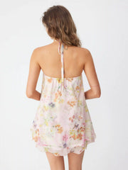 Chiffon Floral Halter Neckline Rosette Ruffle Hem A-line Mini Dress