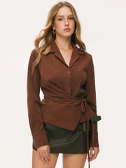 Corduroy Collar Long Sleeve Side Tie Knotted Blouse
