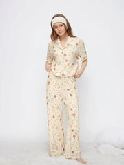 Food Graphic Collar Oversized Cropped Top & Mid Rise Drawstring Wide Leg Trousers Loungewear Set