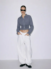 Cotton-blend Gingham Shirred Waist Ruffled Hem Blouse