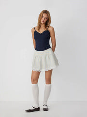 Cotton-blend Mid Rise Striped Lace Trim A-line Mini Skirt