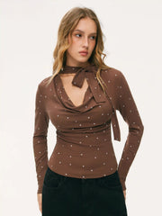 Cowl Neck Knotted Polka Dot Long Sleeve Tee