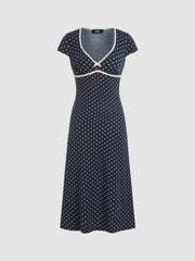 Knit V-neck Polka Dot Bowknot Midi Dress