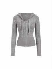 Cable Knit Hooded Knotted Cardigan