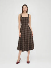 Square Neck Check Pleated Zipper Maxi Dress