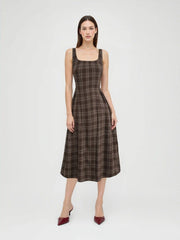 Square Neck Check Pleated Zipper Maxi Dress