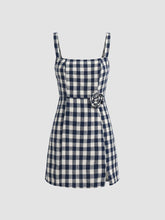 Square Neck Rosette Check Split Mini Dress