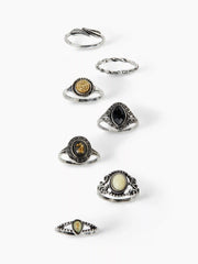 7PCS GEMSTONE & RHINESTONE & LEAF RING SET