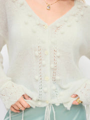 Pom Pom Knit Wool-blend Hollow Out Oversized Long Sleeve Top