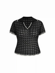 Knit Collar V-Neck Hollow Out See-through Top Curve & Plus