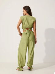 Textured Boat Neck Cut Out Knotted Top & Mid Rise Jogger Pants Set