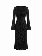 Velvet Zebra Striped Sweetheart Neck Bell Sleeve Knotted Midi Dress
