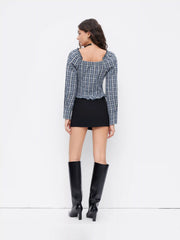 Cotton-blend Sweetheart Neckline Plaid Lettuce Trim Blouse