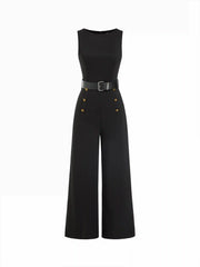 Boat Neck Metal Detail Mid Rise Wide Leg Jumpsuit With Belt
