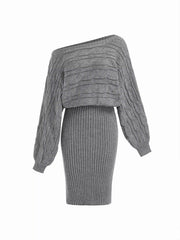 Cable Knit Off-shoulder Batwing Sleeve Split Midi Pencil Dress