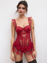 Lace Floral Bowknot Ruffle Corset Lingerie With Thong Set