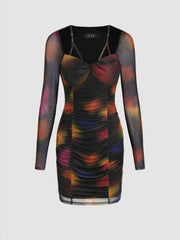 Mesh Sweetheart Ruched Mini Dress