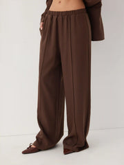 Mid Rise Elastic Waist Straight Leg Trousers