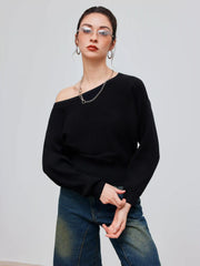 Asymmetrical Neck Solid Crop Long Sleeve Top